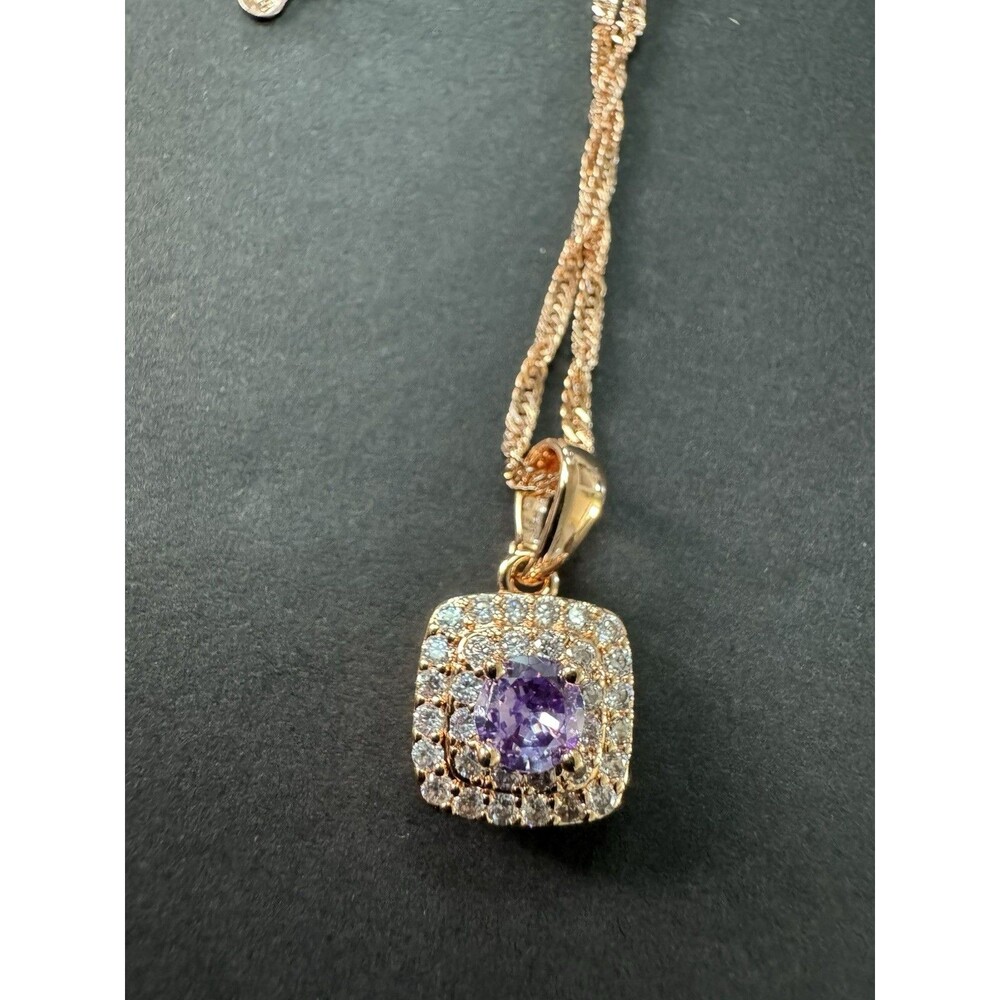 585 14K RG Stamped Rolled Gold Purple Crystal Square Pendant 19” Necklace Chain - Picture 2 of 7